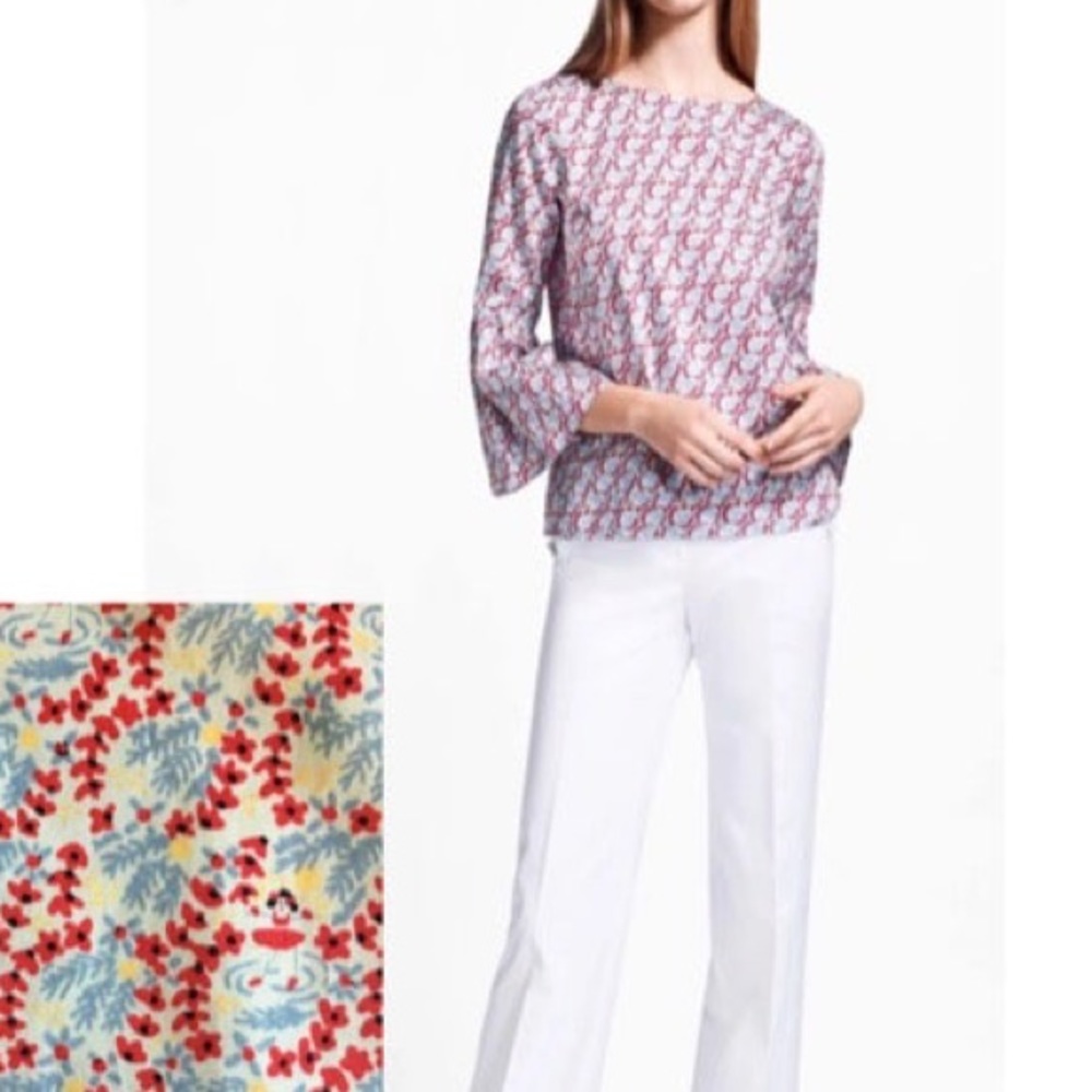 Brooks Brothers Hidden Hula Girl & Lei Printed 3/4 length Bell Sleeve Top - XS